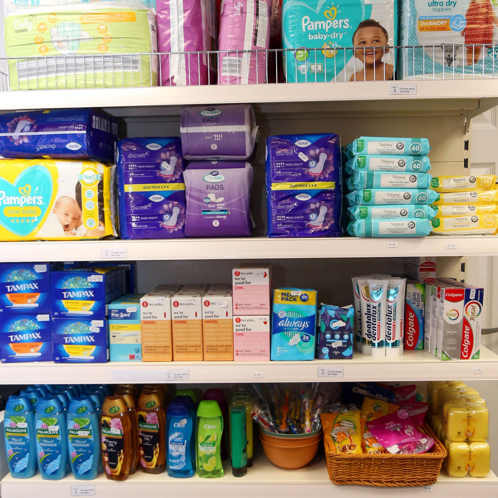 Shelved of personal hygiene items at our social supermarket