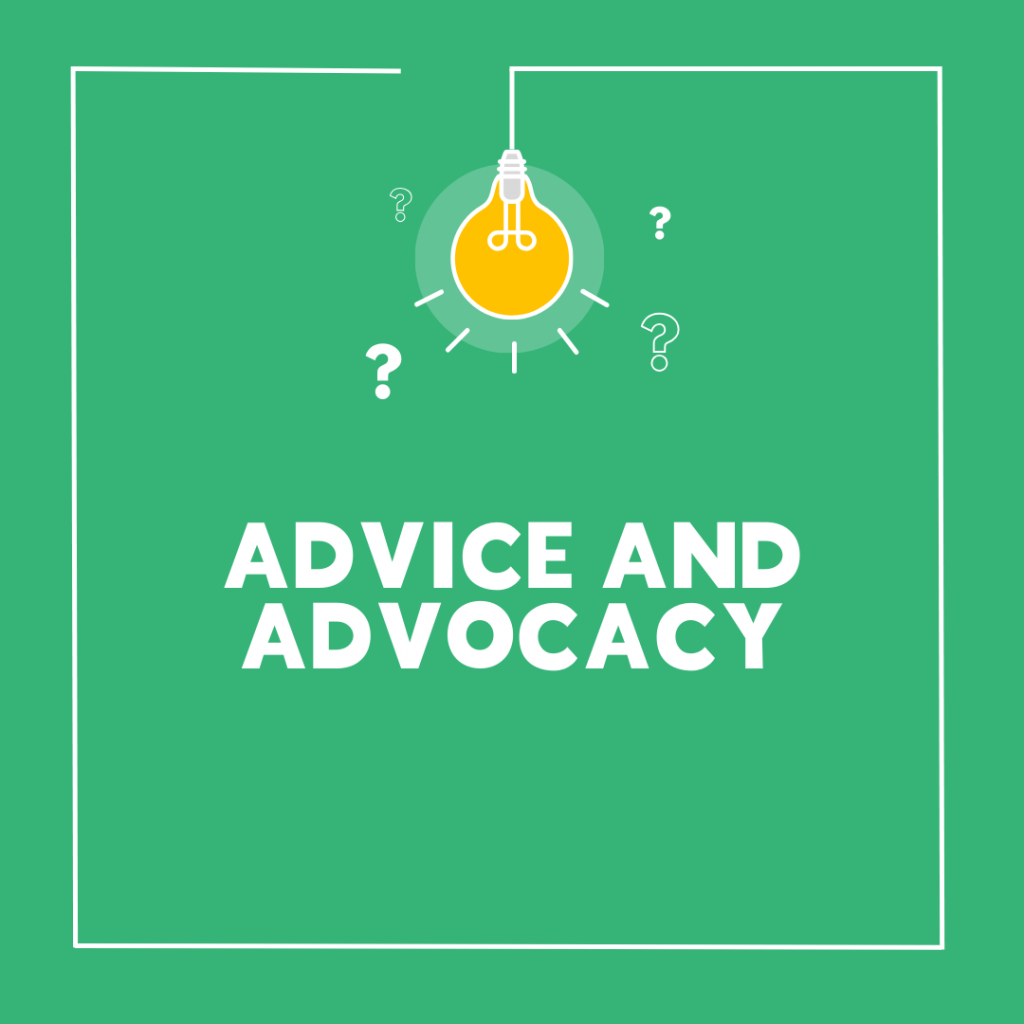 A lightbulb surrounded by question marks with the words 'Advice and Advocacy'