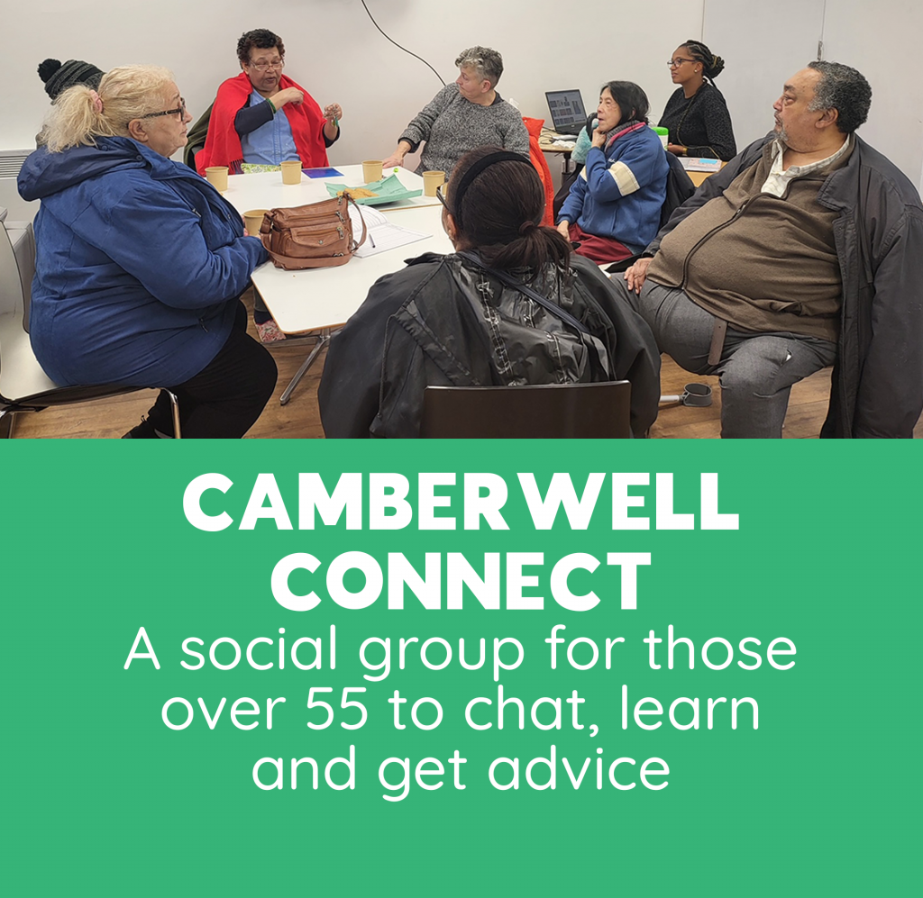 CAMBERWELL CONNECTA social group for those over 55 to chat, learn and get advice Image - group of older people sat round a table chatting and drinking tea