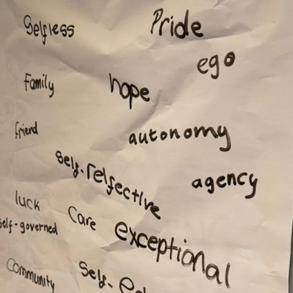 Words such as 'pride', 'hope', self-respect', 'care' written on a flip chart