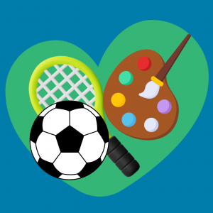 Illustration of an artists palette, a football and a tennis racket on a green heart on a blue background