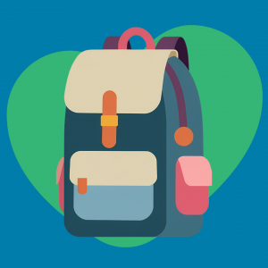 Illustration of a backpack on a green heart on a blue background