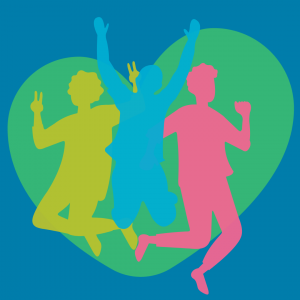bright coloured silhouette illustration of children jumping. Background is a green heart on a blue background