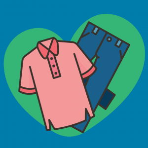 illustration of a pink polo shirt and a pair of jeans on a green heart on a blue background