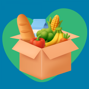 Illustration of a box full of fresh fruit and vegetables on a green heart on a blue background