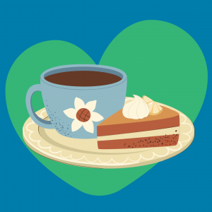 illustration of a cup of tea and a slice of cake