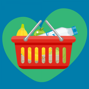 An illustration of a basket of shopping on a green heart on a blue background