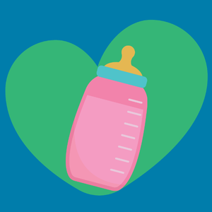 Pink baby bottle on green heart background