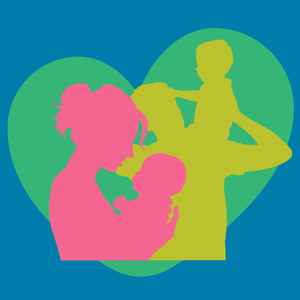 Silhouette of parents with children on a green heart background