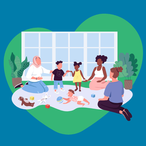 Group of parents and toddlers on green heart background